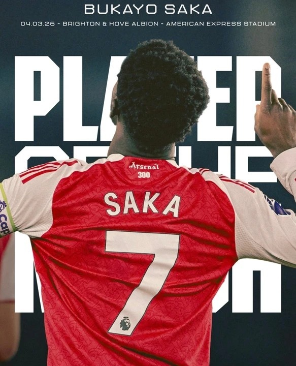 打进制胜球!阿森纳官方:萨卡当选击败布莱顿队内最佳球员